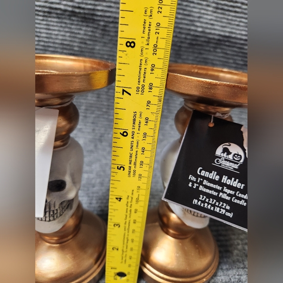 Halloween Decor Gothic Skull Bronze Gold Candlestick Holders 7.25" Tall NWT - Picture 12 of 13